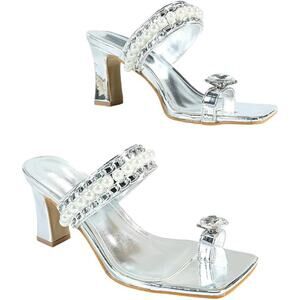 Shiny Silver Metallic Chunky Heel Mules with Pearl & Chain, Crystal Toe, Size 10